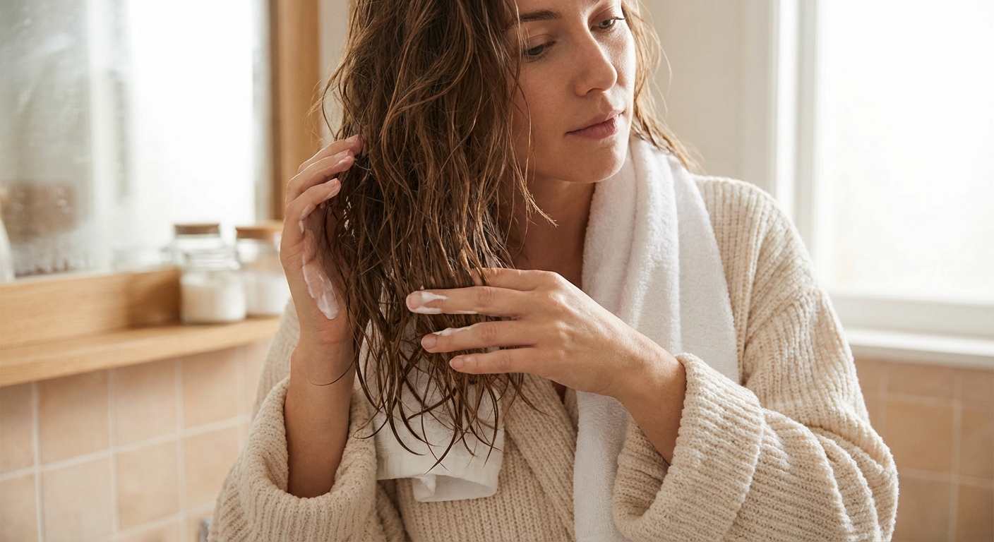 Ženska z rahlo vlažnimi lasmi nanese masko za lase na dolžine in konice po umivanju.