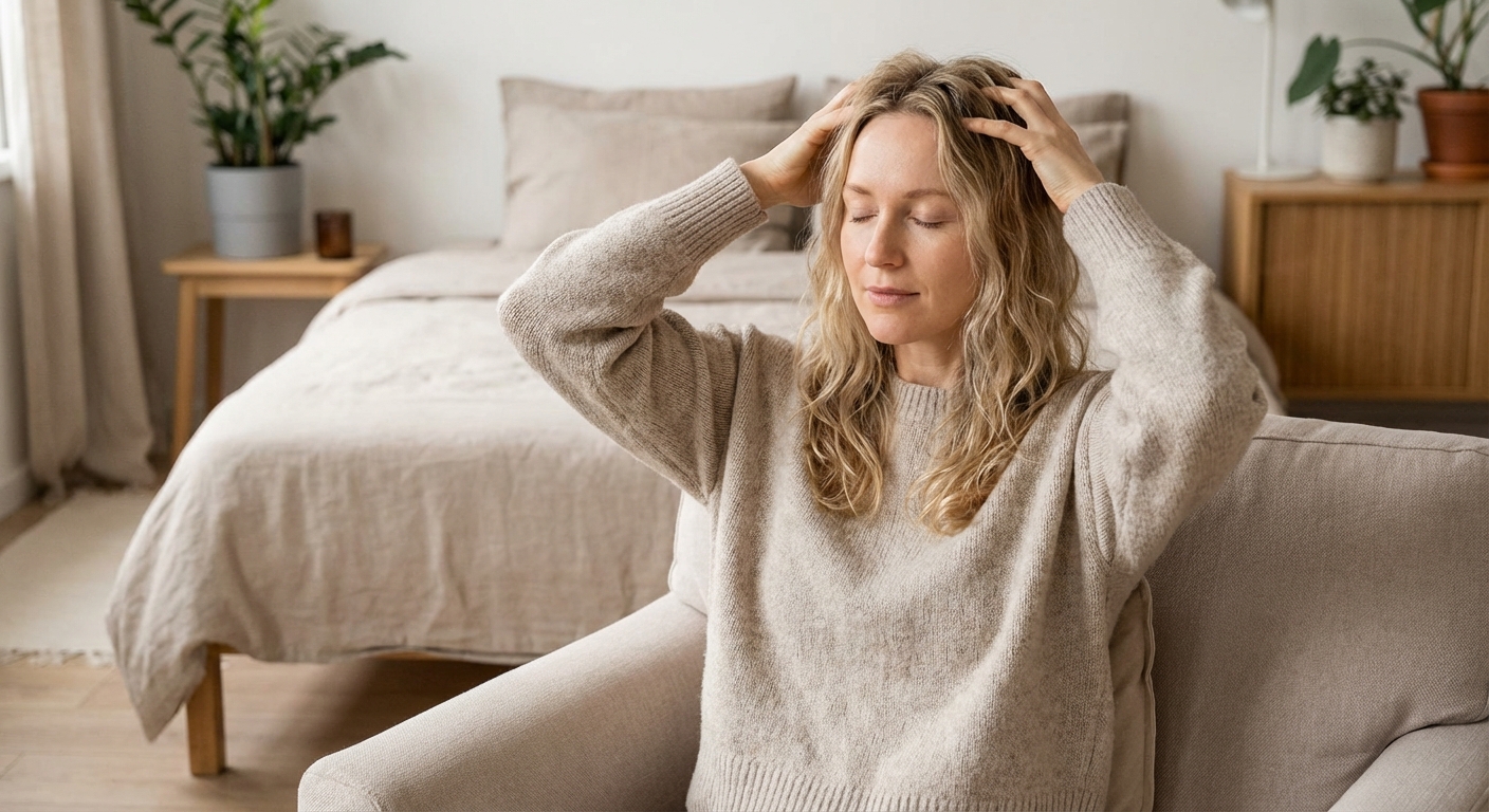 Ženska s tankimi, srednje dolgimi lasmi sproščeno masira lasišče v svetli spalnici