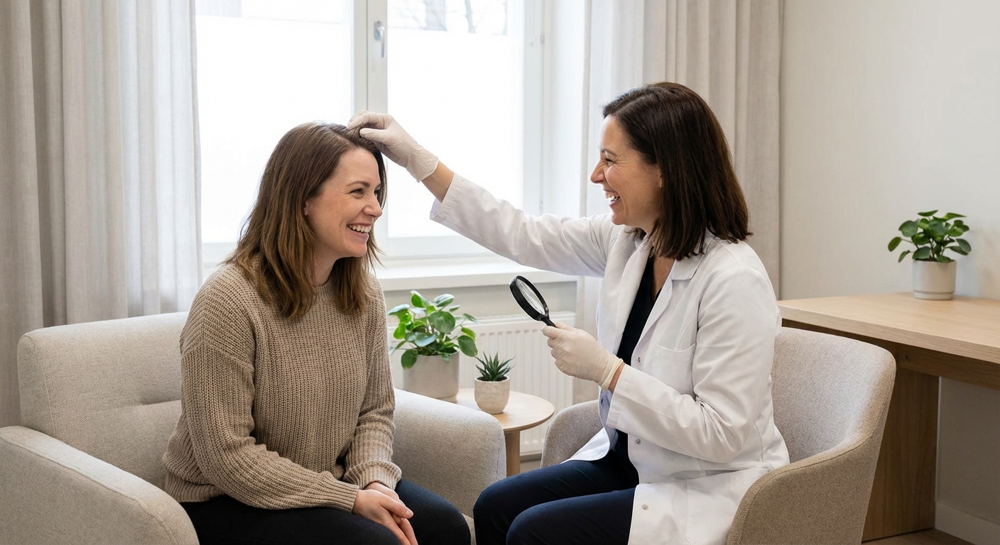 Dermatologinja v ambulanti pregleduje lasišče nasmejane ženske s sumom na prhljaj