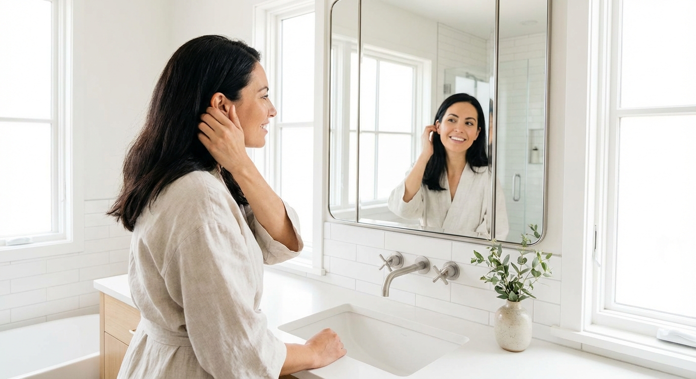 Ženska v svetli kopalnici gleda svoj odsev v ogledalu in se dotika las, medtem ko razmišlja o vsakodnevnem umivanju las in negi lasišča.