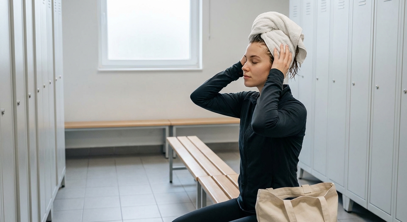 Mlada ženska po vadbi v garderobi sedi z brisačo ovito okoli mokrih las, kar ponazarja aktiven življenjski slog in pogostejše umivanje las.