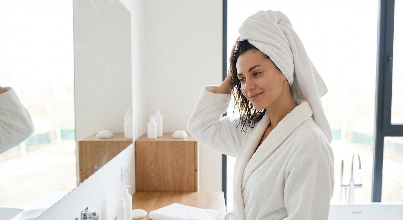 ženska po tuširanju nežno suši mokre lase z brisačo kot del svoje rutine nege