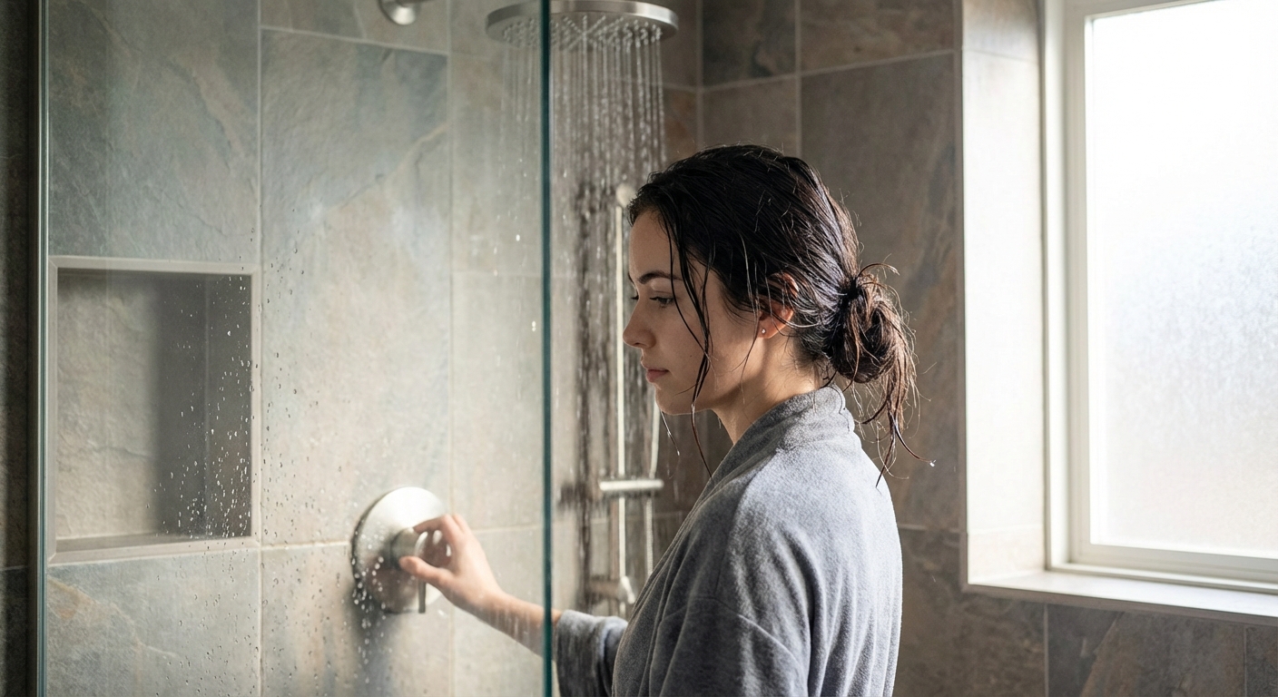 mlada ženska z mokrimi lasmi pod tušem nastavlja temperaturo vode za spiranje las